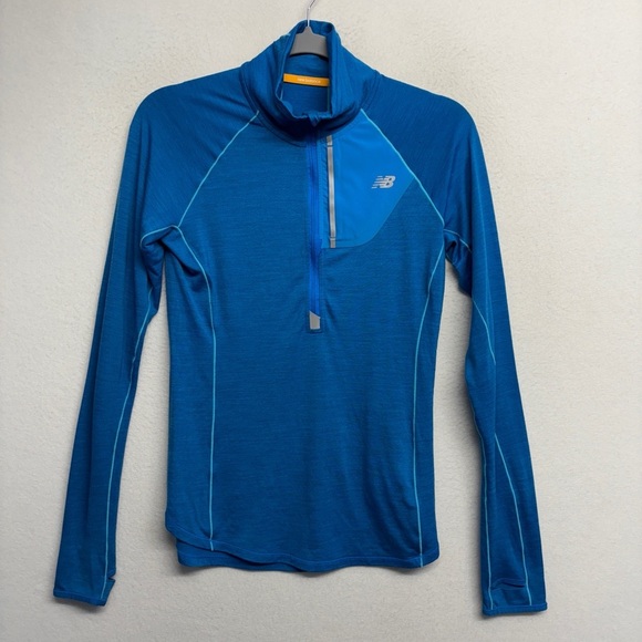 New Balance Sweater Blue 1/4 Zip Pocket Merino Wool Blend Pullover XS - Picture 1 of 9